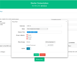Interfejs internetowy TLD-List, w którym można tworzyć i konfigurować alerty.